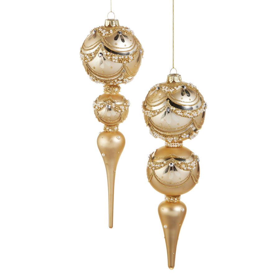 RAZ Imports 11" Golden Pearl Trimmed Finial Glass Christmas Ornaments - Set of 2