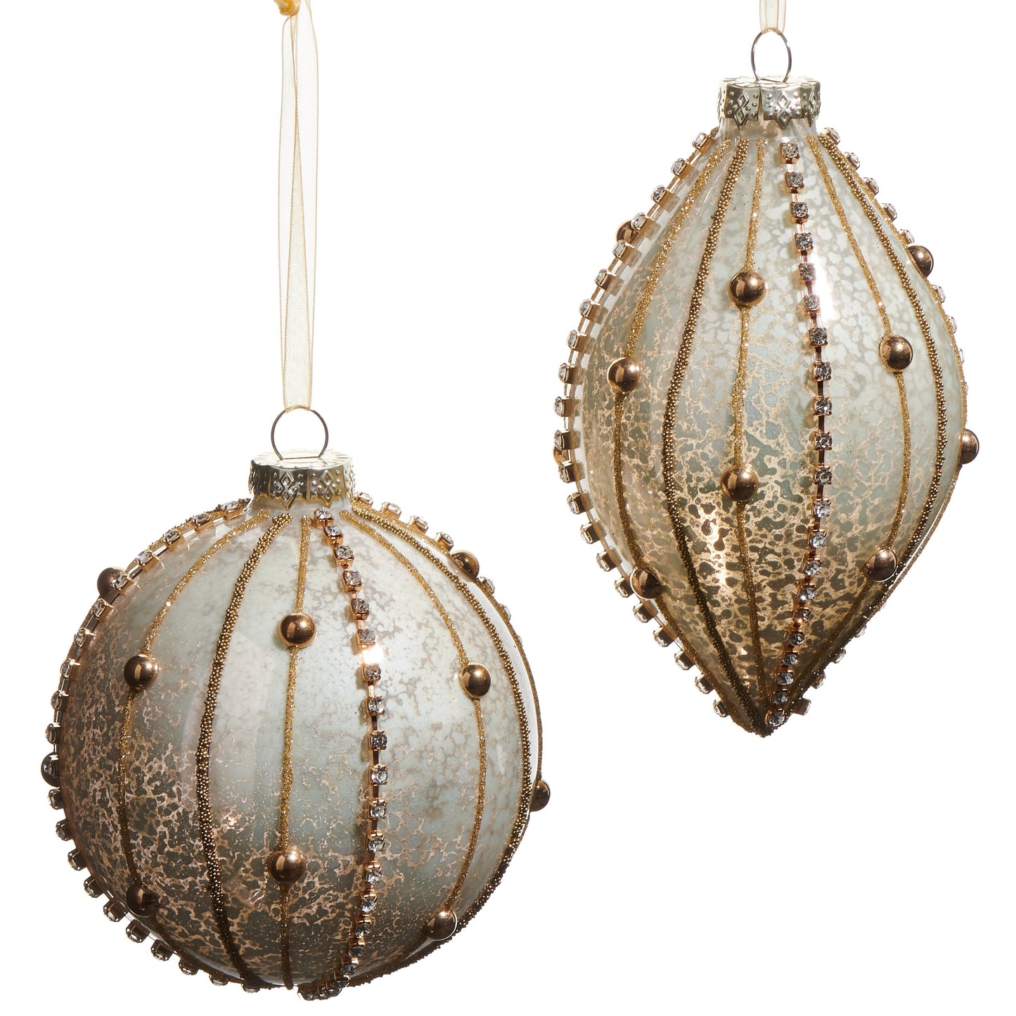 RAZ Imports 4" Beaded Rhinestone Mercury Glass Ball and Finial Christmas Ornaments - Set of 2