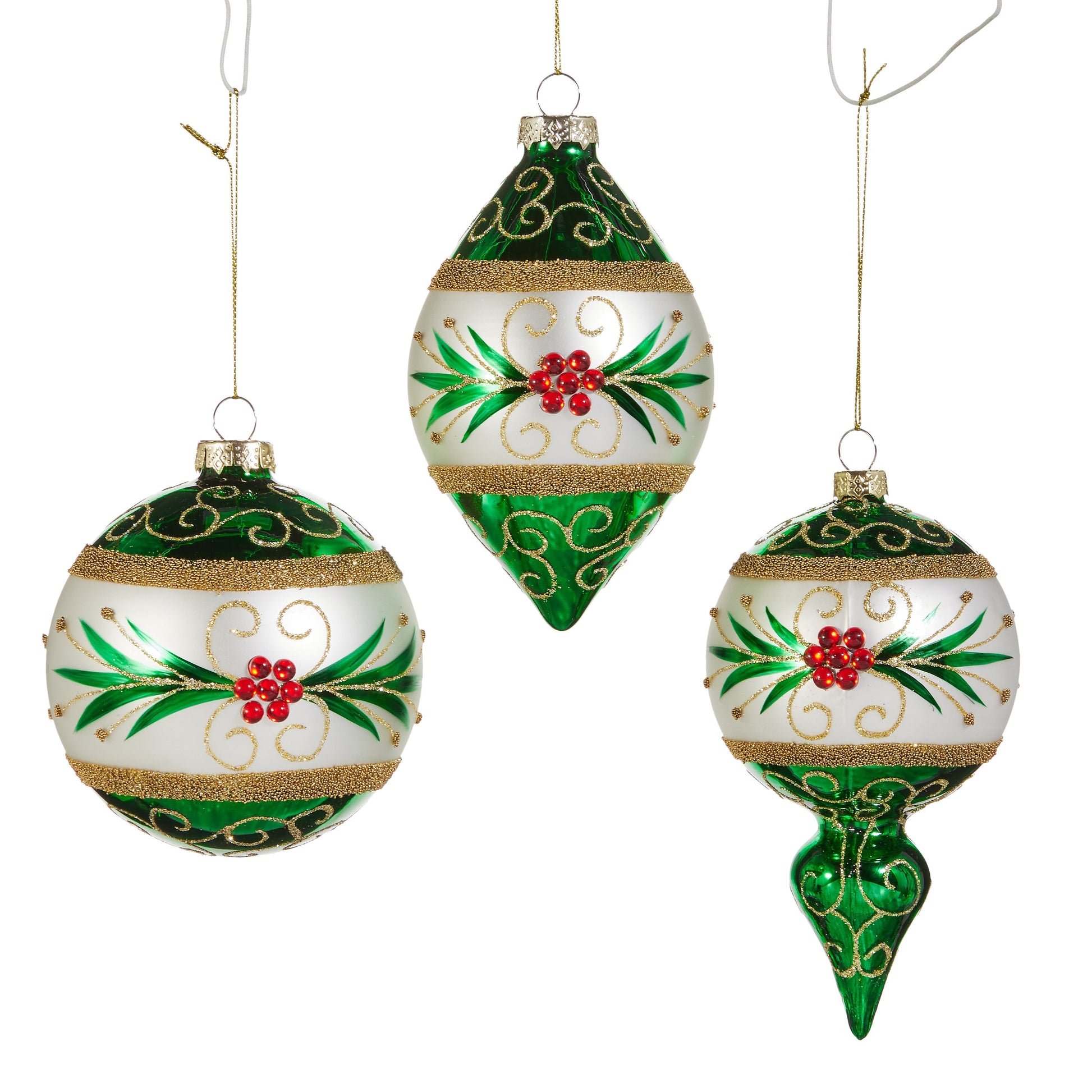 RAZ Imports 4" Green and White Mistletoe Berry Embellished Glass Christmas Ornaments - Set of 3