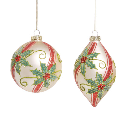 RAZ Imports 4" Holly Peppermint Swirl Ball and Finial Glass Christmas Ornaments - Set of 2