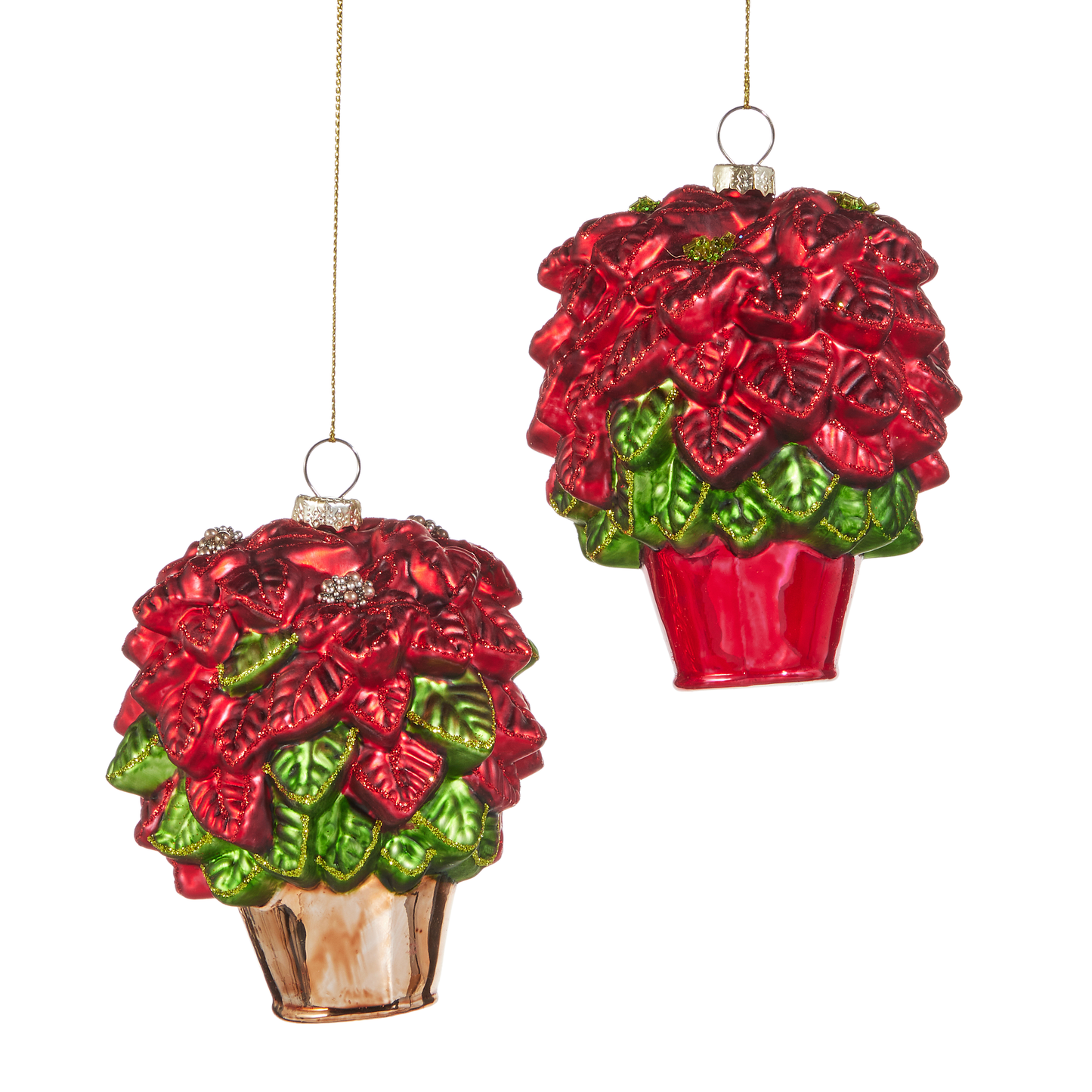 RAZ Imports 4" Traditional Red Poinsettia Christmas Flowers Glass Christmas Ornaments - Set of 2