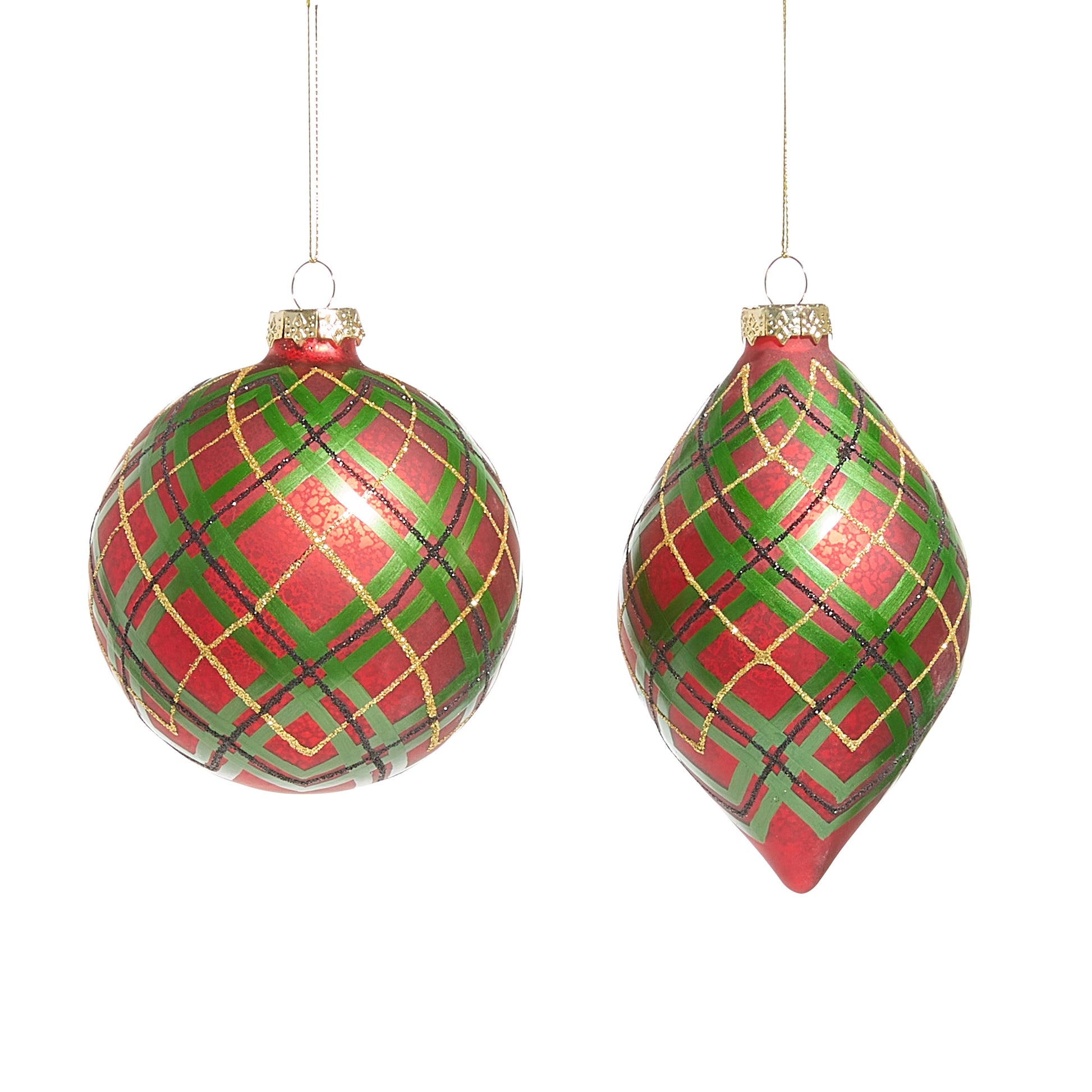 RAZ Imports 4" Traditional Red Plaid Ball and Finial Glass Christmas Ornaments - Set of 2