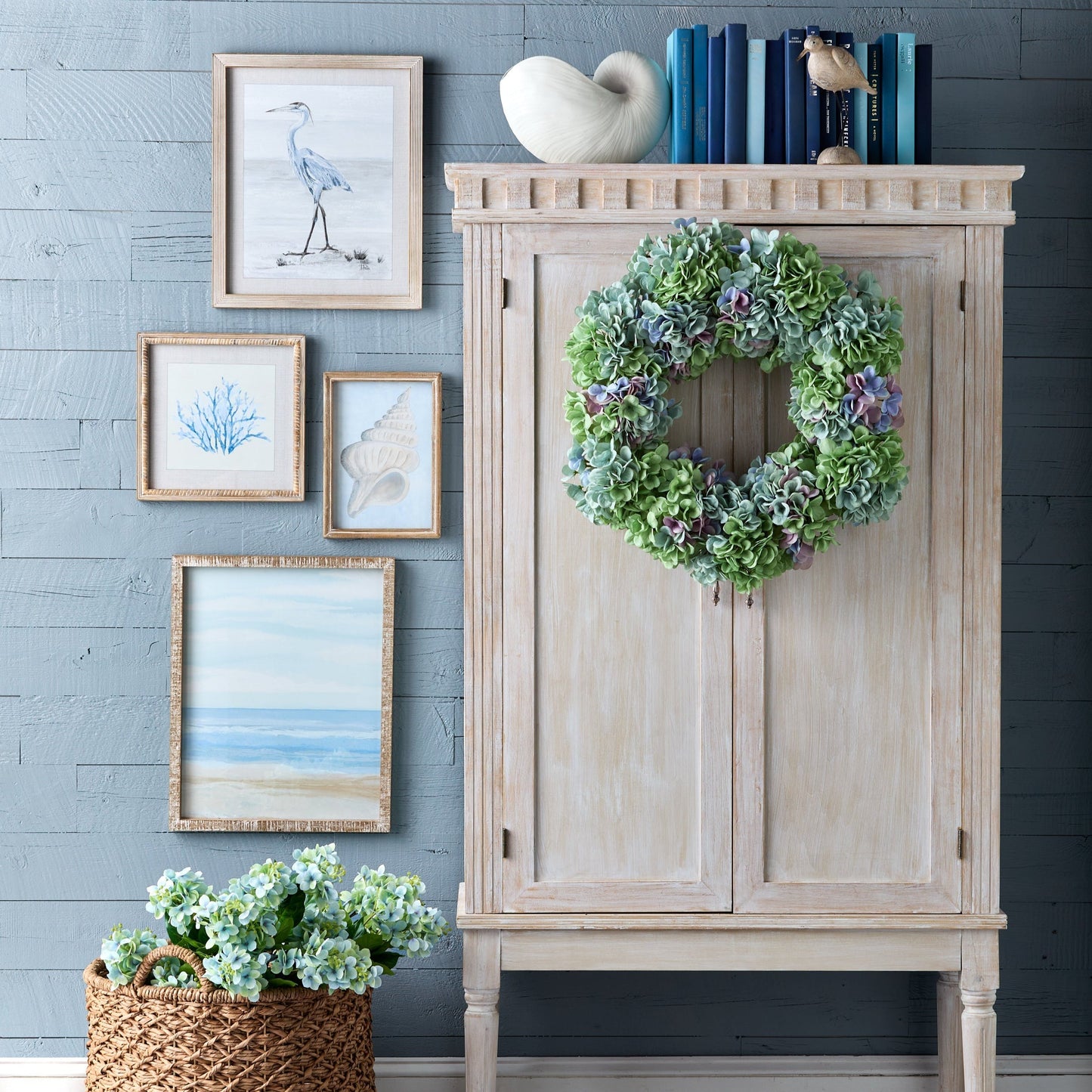 RAZ Imports 24" Lush Blue and Green Hydrangea Flower Spring Wreath
