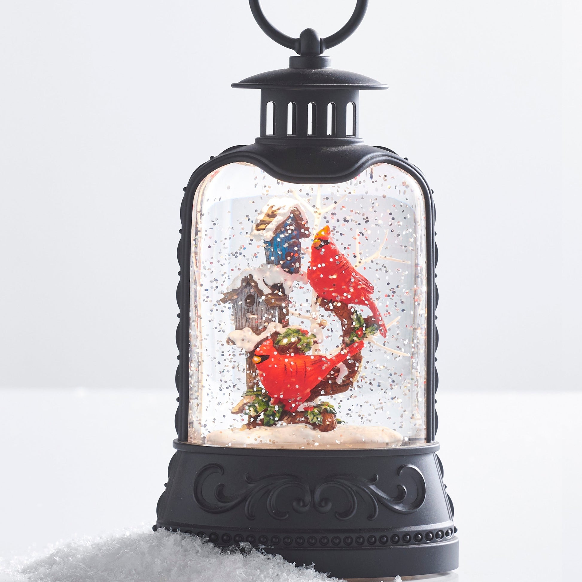 RAZ Imports 8" Christmas Cardinals with Bird House Lighted Glitter Water Lantern - Includes USB Cord