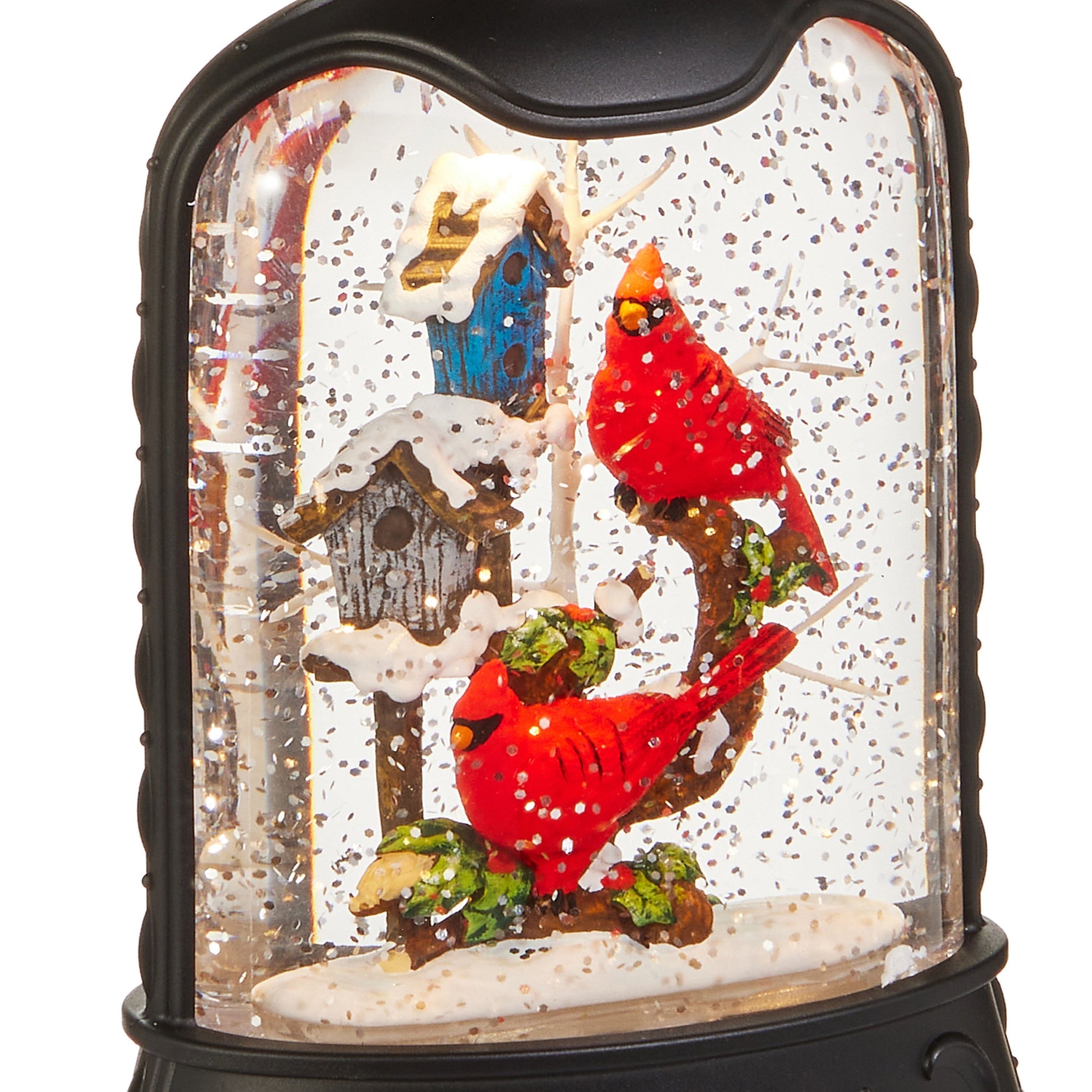 RAZ Imports 8" Christmas Cardinals with Bird House Lighted Glitter Water Lantern - Includes USB Cord