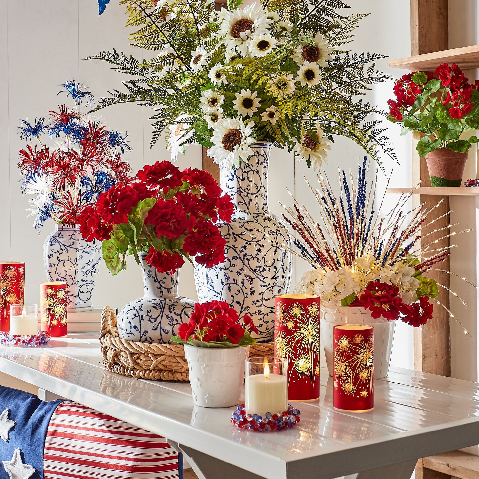 RAZ Imports 8" and 6" Illuminated Patriotic Celebration Firework Hurricanes for Fourth of July - Set of 2