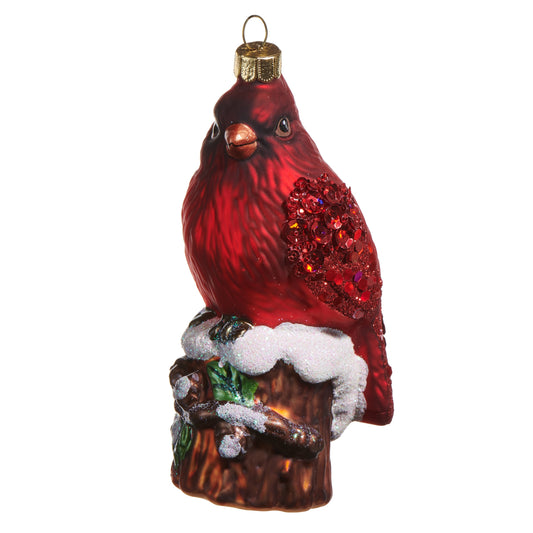 RAZ Imports 5" Red Cardinal on Stump Glass Christmas Ornament