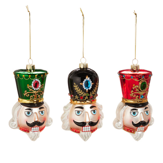 RAZ Imports 4.75" Traditional Nutcracker Head Bejeweled Glass Christmas Ornaments - Set of 3