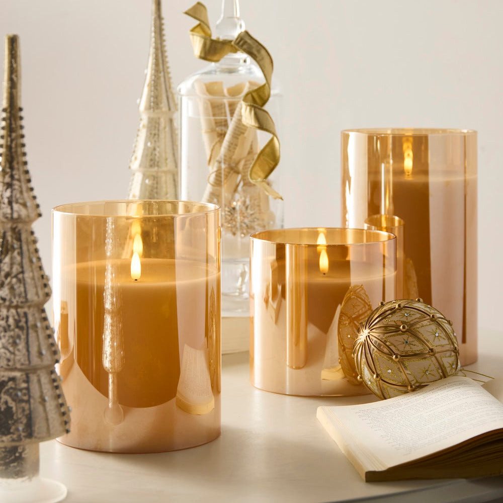 RAZ Imports Gold Ivory Glass LED Pillar Flameless Candles with Timer - Battery Operated