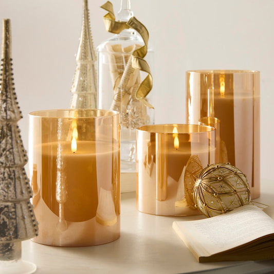 RAZ Imports Gold Ivory Glass LED Pillar Flameless Candles with Timer - Battery Operated