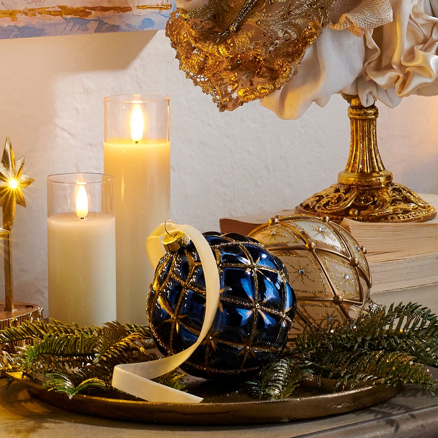 RAZ Imports 4" Blue and Gold Star Harlequin Glass Christmas Ornaments - Set of 3
