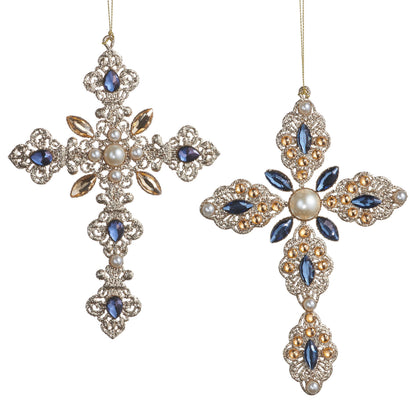 RAZ Imports 7.5" Glittered Silver Pearl and Jewels Cross Christmas Ornaments - Set of 2
