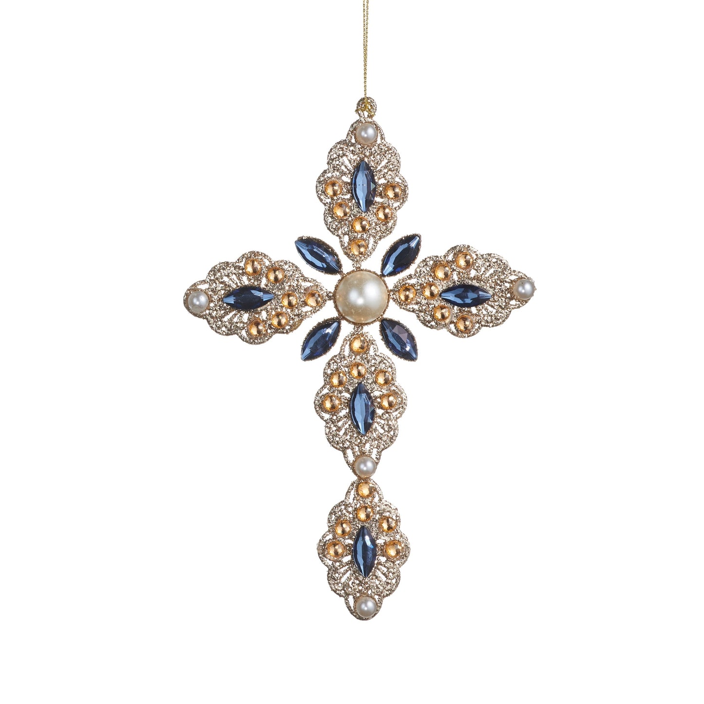 RAZ Imports 7.5" Glittered Silver Pearl and Jewels Cross Christmas Ornaments - Set of 2