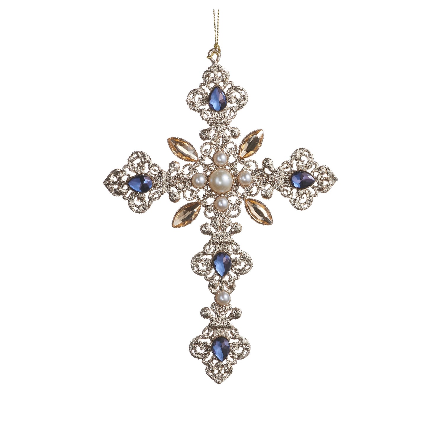 RAZ Imports 7.5" Glittered Silver Pearl and Jewels Cross Christmas Ornaments - Set of 2
