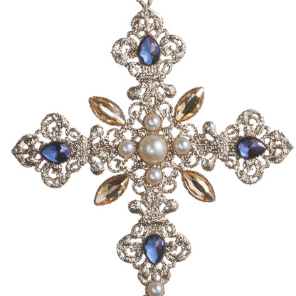 RAZ Imports 7.5" Glittered Silver Pearl and Jewels Cross Christmas Ornaments - Set of 2