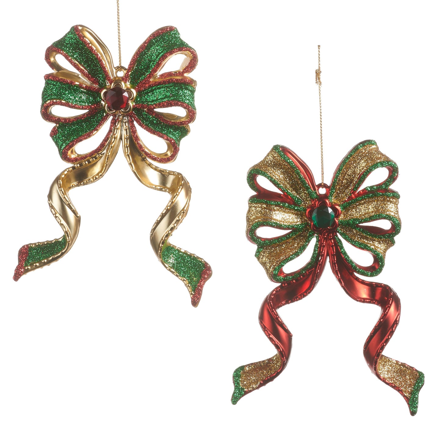 RAZ Imports 5.5" Glittered Traditional Christmas Bows Christmas Ornaments - Set of 2