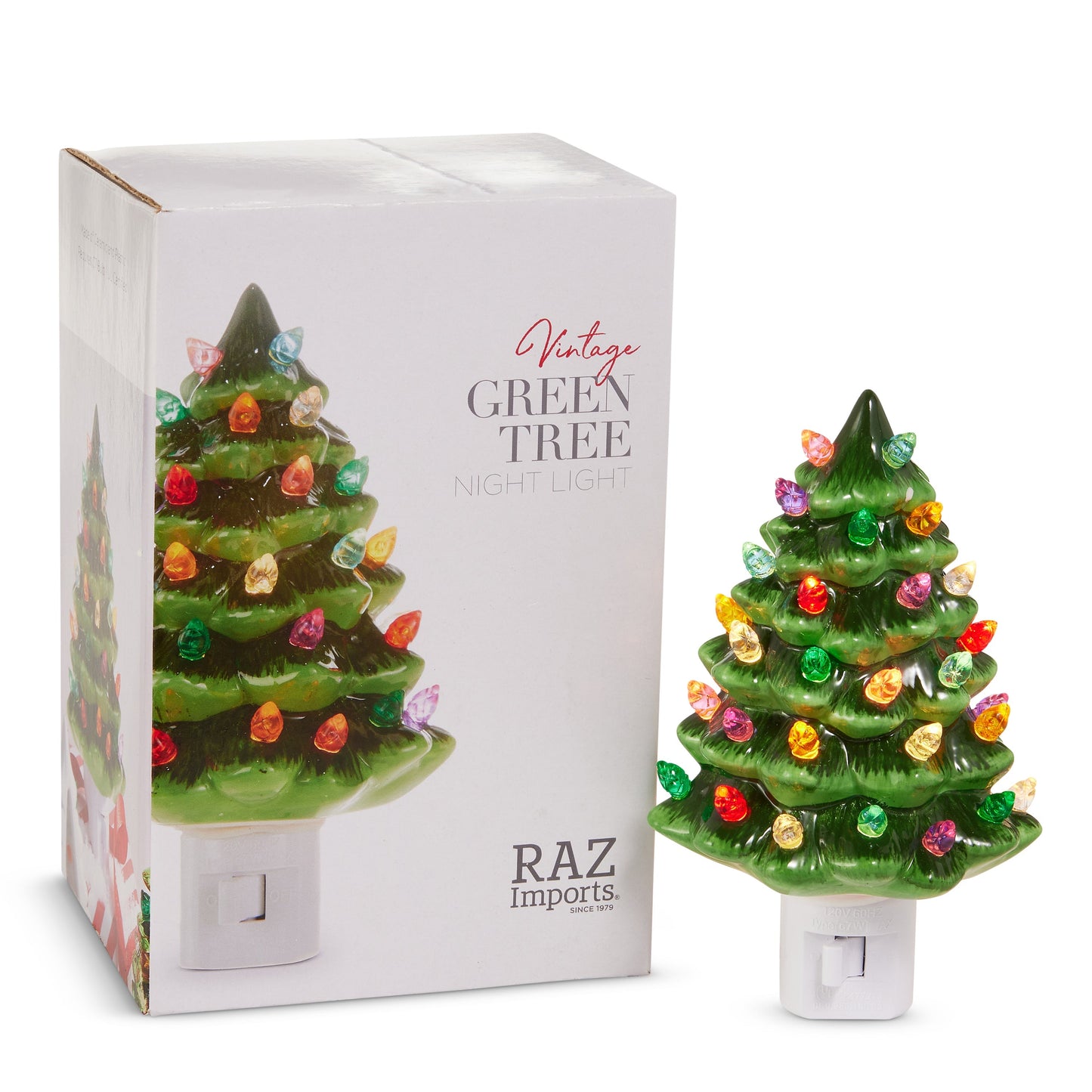 RAZ Imports 5.75" Vintage Christmas Tree Green Ceramic Christmas Night Light