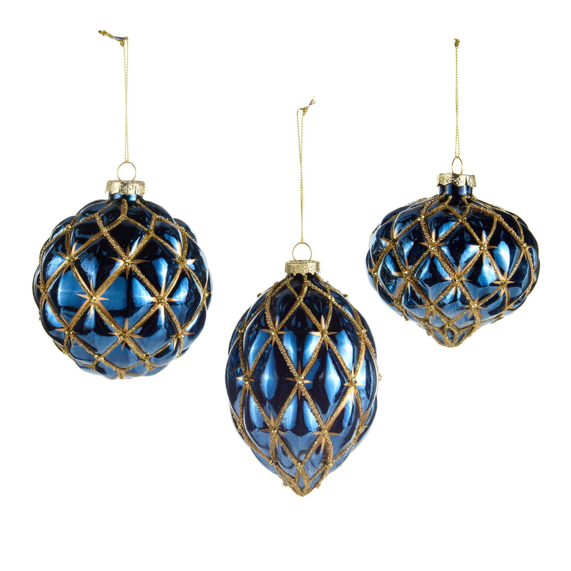 RAZ Imports 4" Blue and Gold Star Harlequin Glass Christmas Ornaments - Set of 3