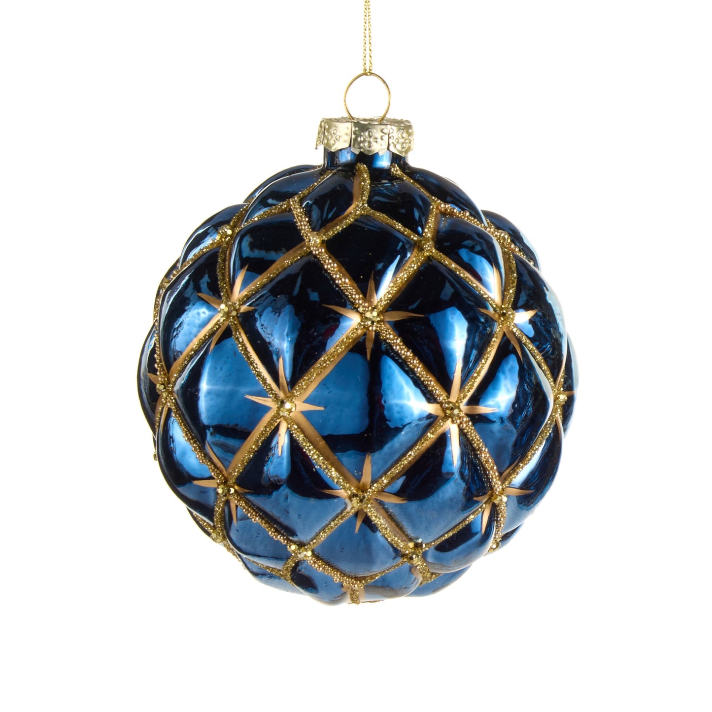 RAZ Imports 4" Blue and Gold Star Harlequin Glass Christmas Ornaments - Set of 3
