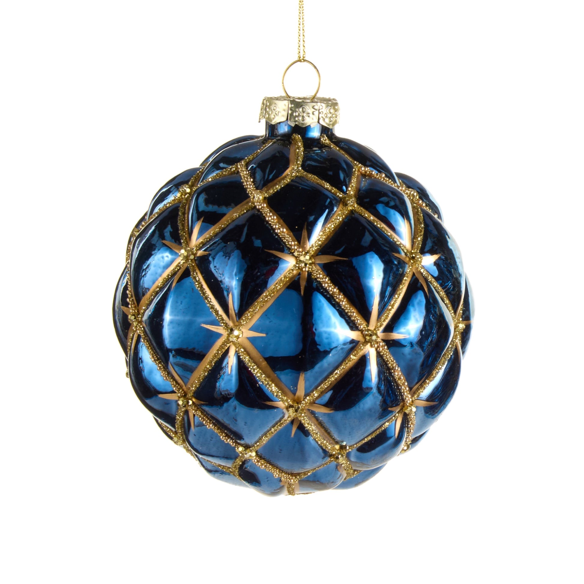 RAZ Imports 4" Blue and Gold Star Harlequin Glass Christmas Ornaments - Set of 3