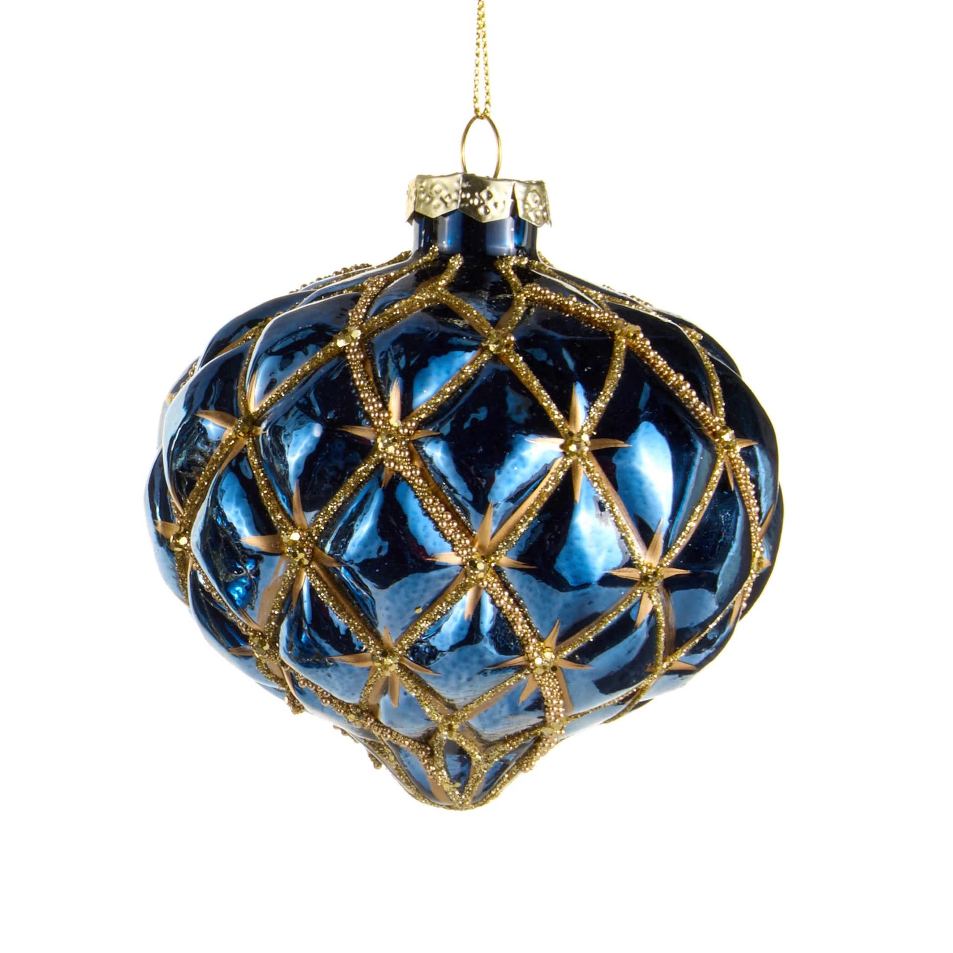 RAZ Imports 4" Blue and Gold Star Harlequin Glass Christmas Ornaments - Set of 3