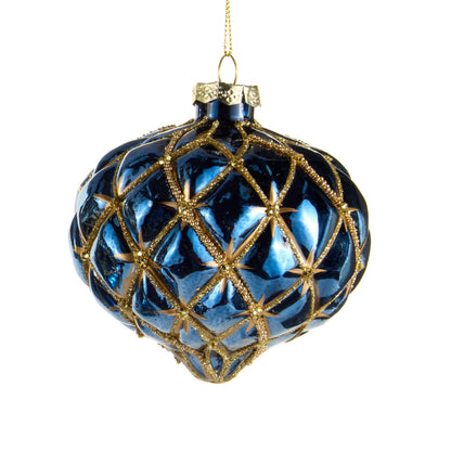 RAZ Imports 4" Blue and Gold Star Harlequin Glass Christmas Ornaments - Set of 3