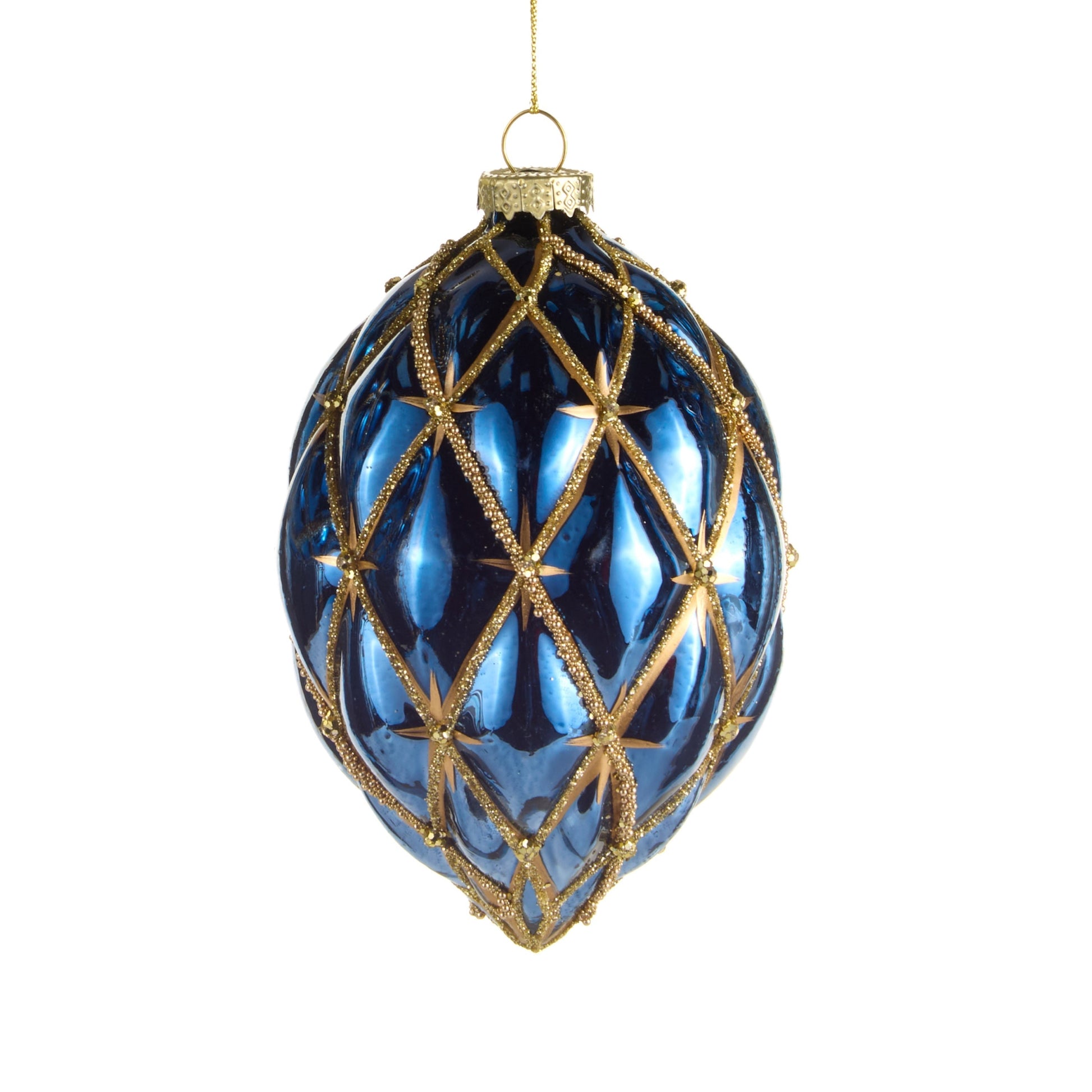 RAZ Imports 4" Blue and Gold Star Harlequin Glass Christmas Ornaments - Set of 3
