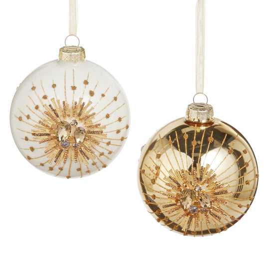 RAZ Imports 4.5" White and Gold Jewel Starburst Glass Christmas Ornaments - Set of 2