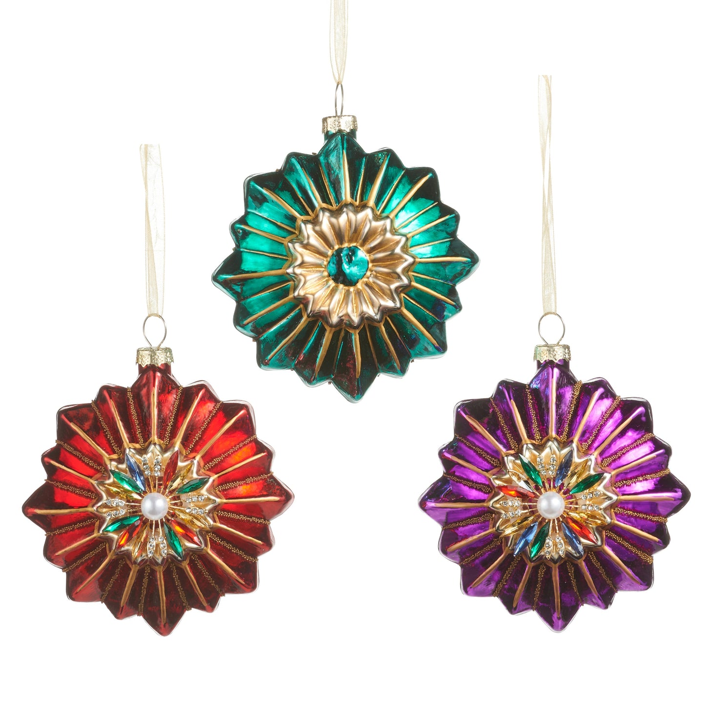 RAZ Imports 4" Jewel Tone Jeweled Medallion Glass Christmas Ornaments - Set of 3