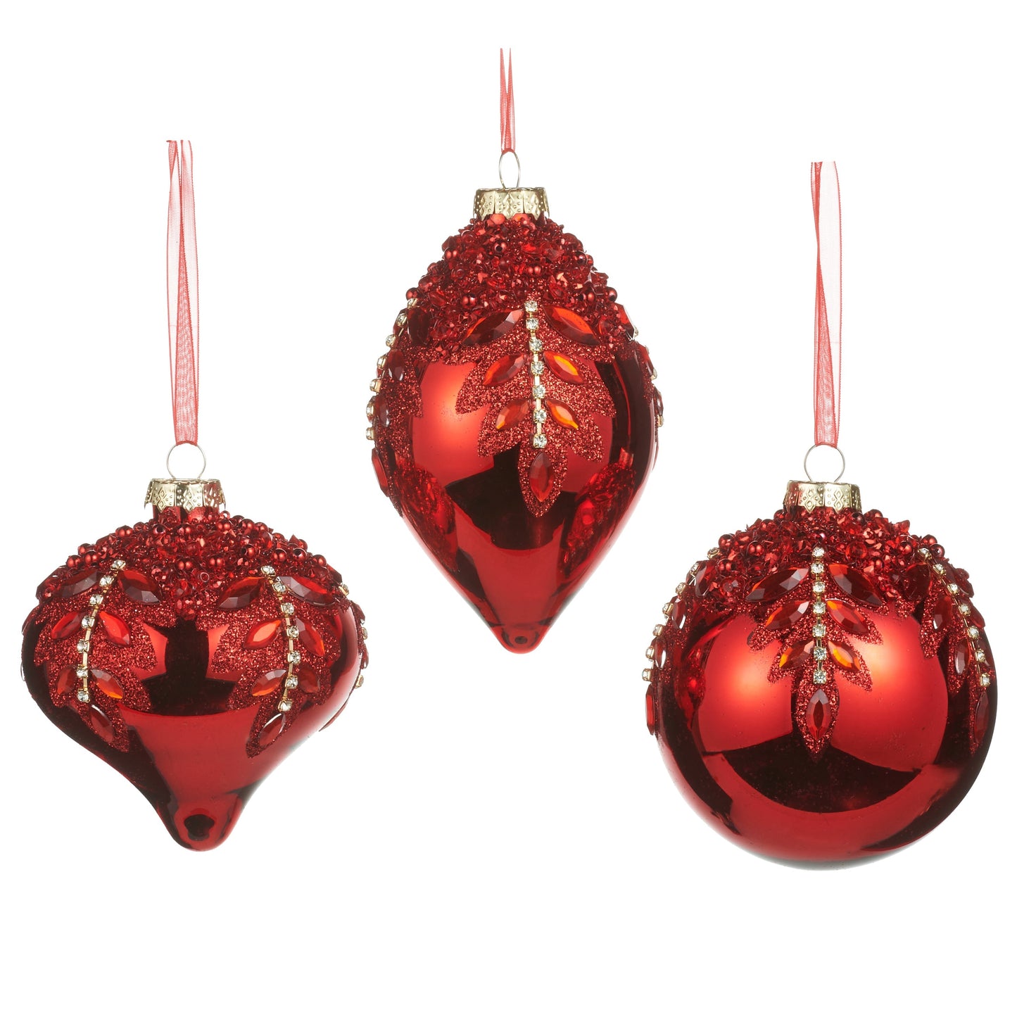 RAZ Imports 4" Red Gem Encrusted Glass Christmas Ornaments - Set of 3