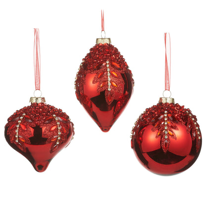 RAZ Imports 4" Red Gem Encrusted Glass Christmas Ornaments - Set of 3