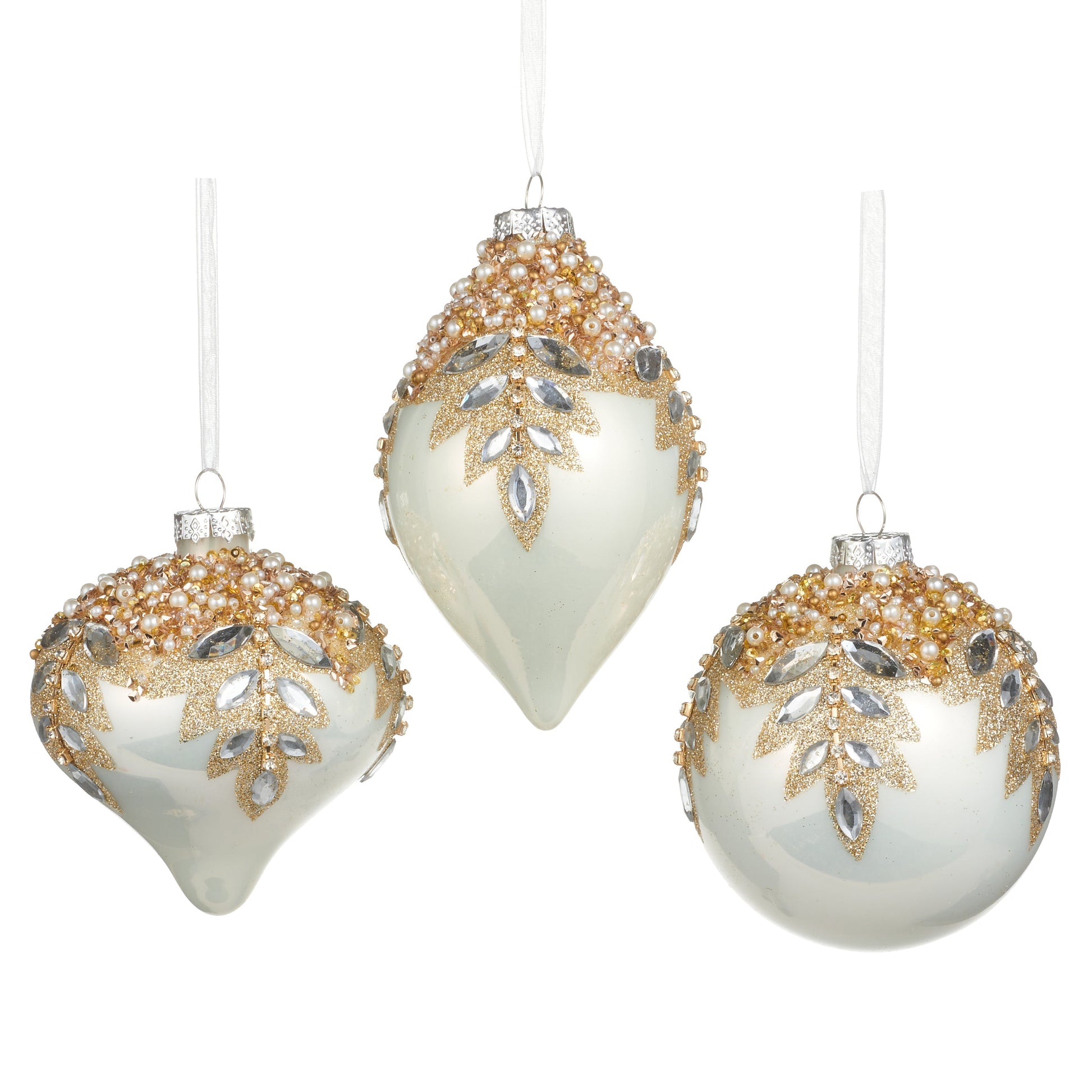 RAZ Imports 4" White Gem Encrusted Glass Christmas Ornaments - Set of 3