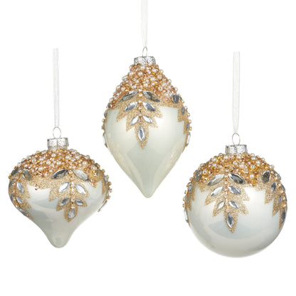 RAZ Imports 4" White Gem Encrusted Glass Christmas Ornaments - Set of 3