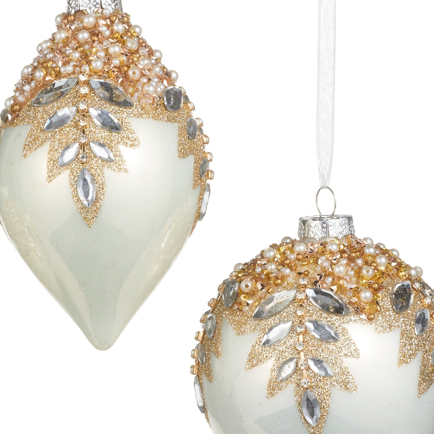 RAZ Imports 4" White Gem Encrusted Glass Christmas Ornaments - Set of 3