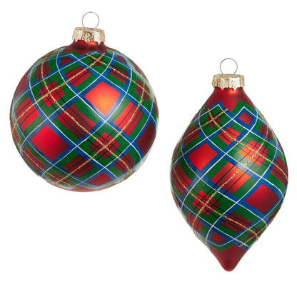 RAZ Imports 4" Red Plaid Ball and Finial Glass Christmas Ornaments - Set of 2
