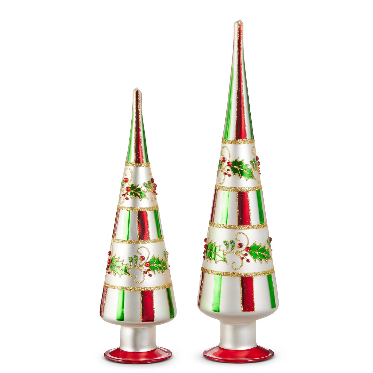 RAZ Imports 15" and 12" Traditional Holly Striped Glass Finial Trees Christmas Decoration - Set of 2