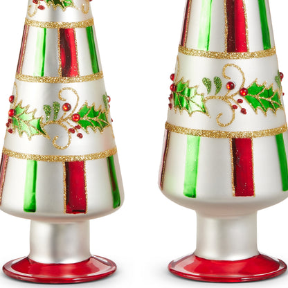 RAZ Imports 15" and 12" Traditional Holly Striped Glass Finial Trees Christmas Decoration - Set of 2