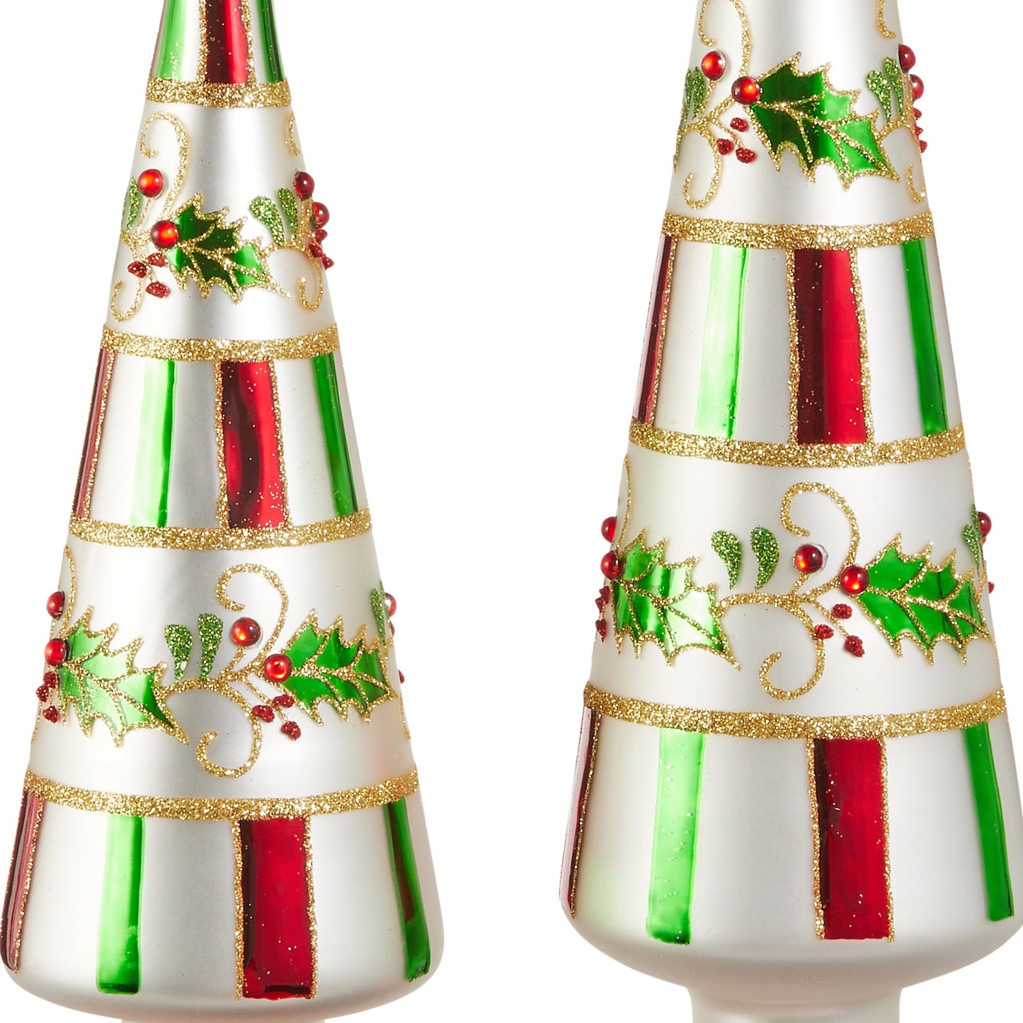 RAZ Imports 15" and 12" Traditional Holly Striped Glass Finial Trees Christmas Decoration - Set of 2