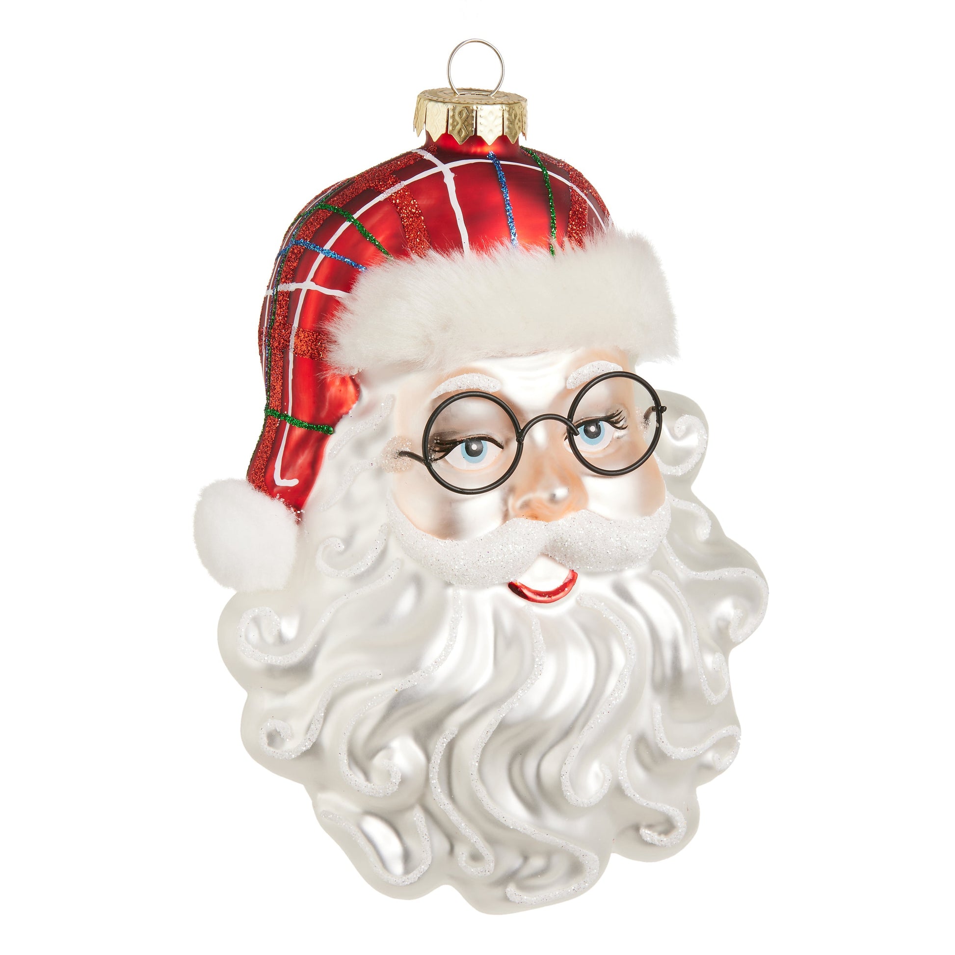 RAZ Imports 6.5" Plaid Santa Head with Glasses Glass Christmas Ornament