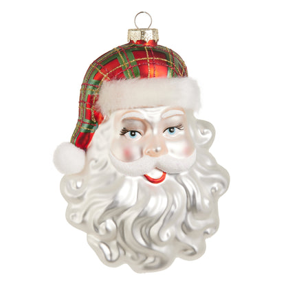 RAZ Imports 6.5" Traditional Plaid Santa Head Glass Christmas Ornament