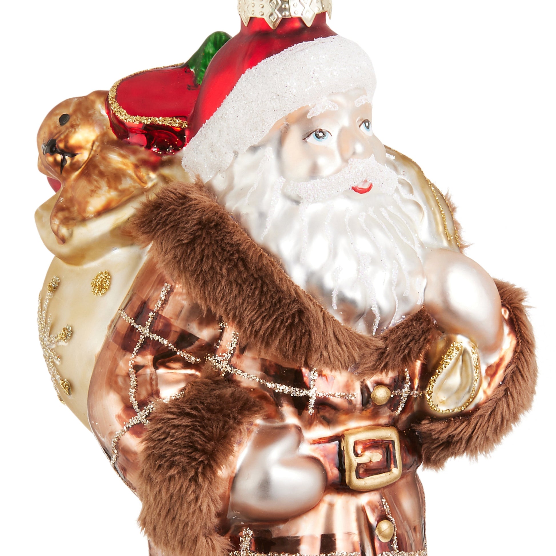 RAZ Imports 7.5" Plaid Fur Coat Santa with Presents Glass Christmas Ornament