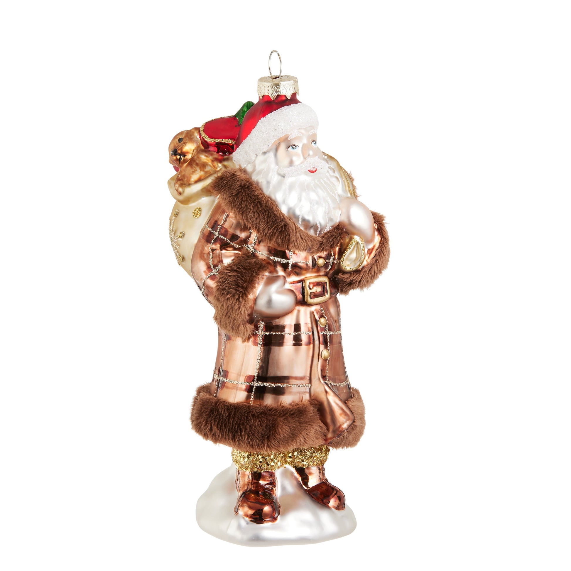 RAZ Imports 7.5" Plaid Fur Coat Santa with Presents Glass Christmas Ornament