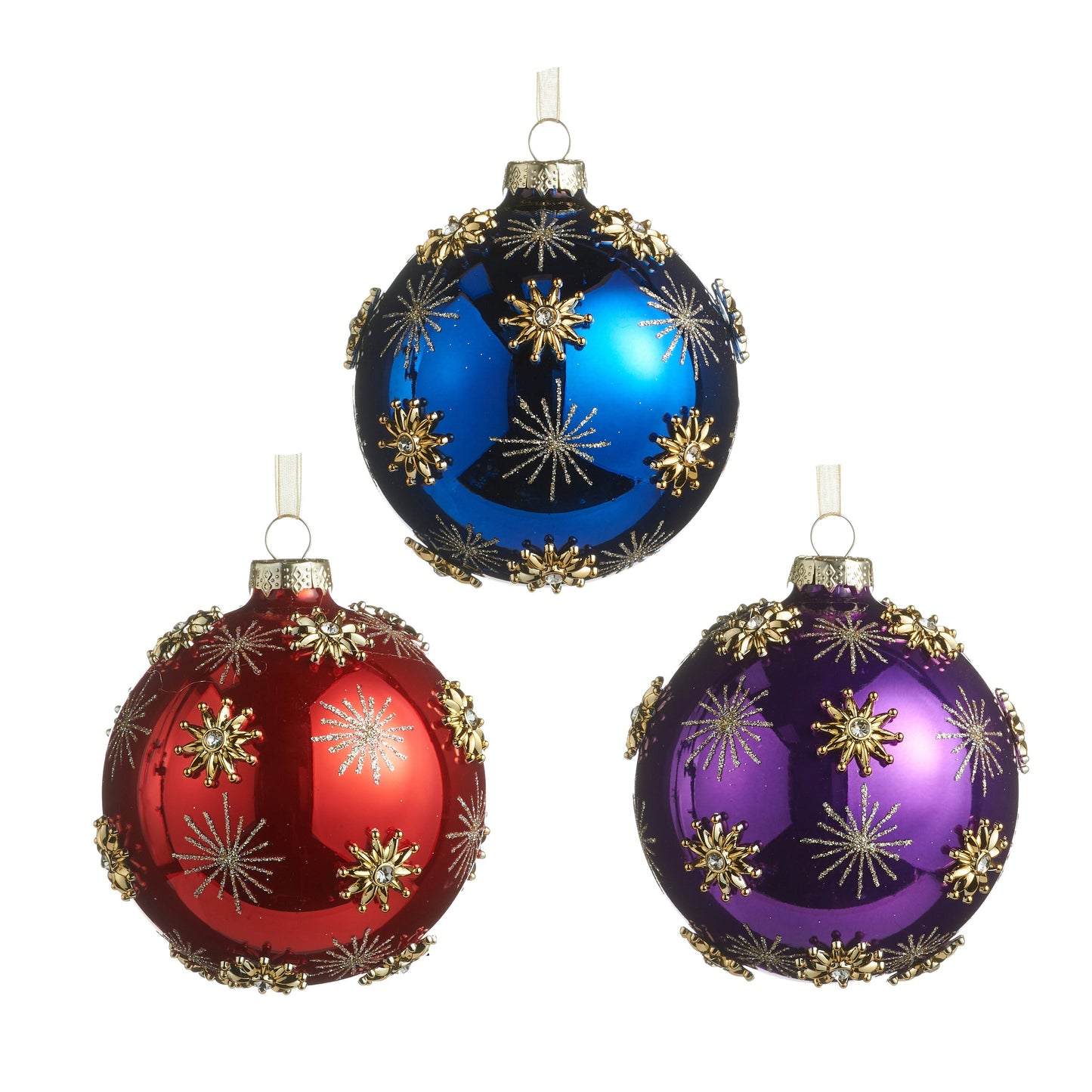 RAZ Imports 4" Jewel Tone Gold Star Glass Ball Christmas Ornaments - Set of 3