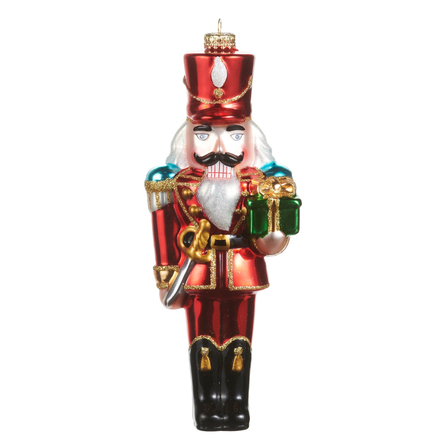 RAZ Imports 8.25" Classic Red Nutcracker with Gift Glass Christmas Ornament