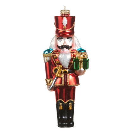 RAZ Imports 8.25" Classic Red Nutcracker with Gift Glass Christmas Ornament