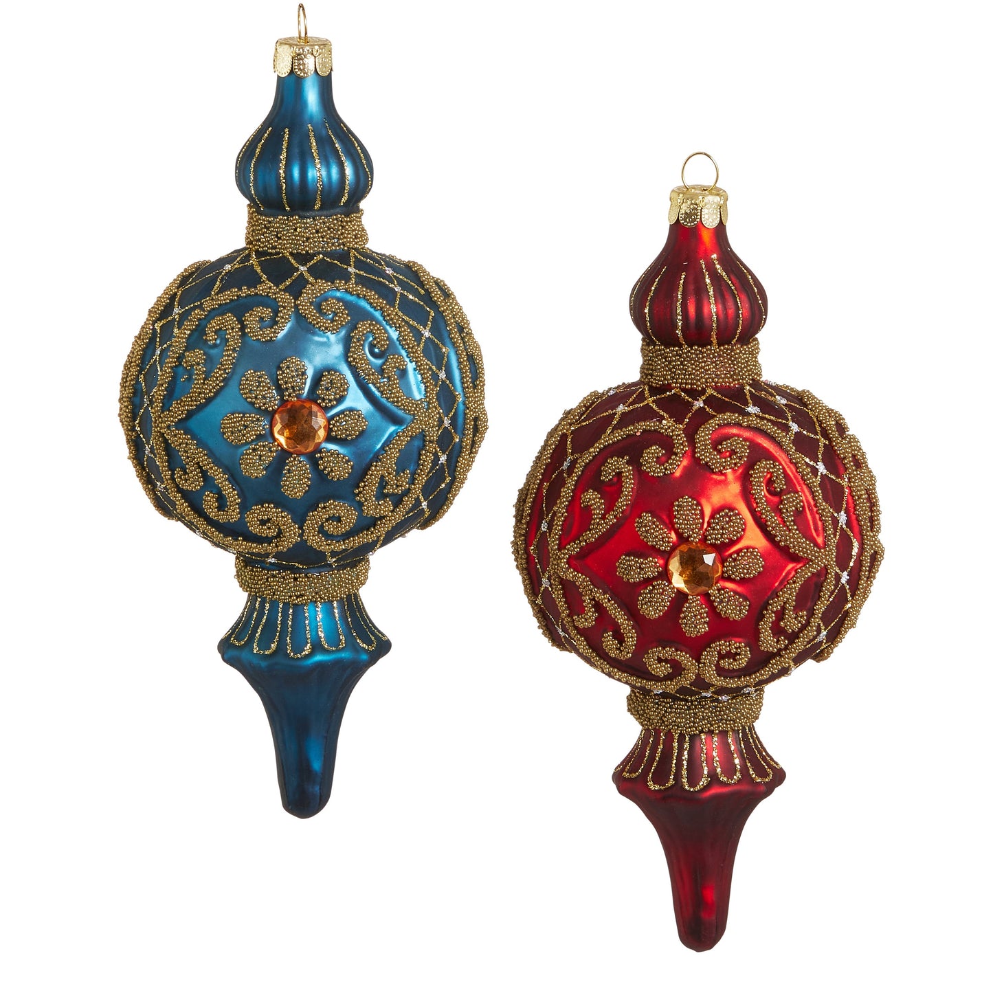 RAZ Imports 6.75" Red and Blue Beaded Glass Finial Christmas Ornaments - Set of 2