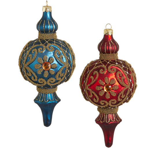 RAZ Imports 6.75" Red and Blue Beaded Glass Finial Christmas Ornaments - Set of 2