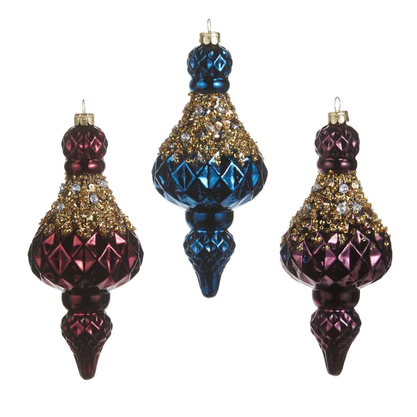 RAZ Imports 6.5" Jewel Tone Crusted Glass Finial Christmas Ornaments - Set of 3