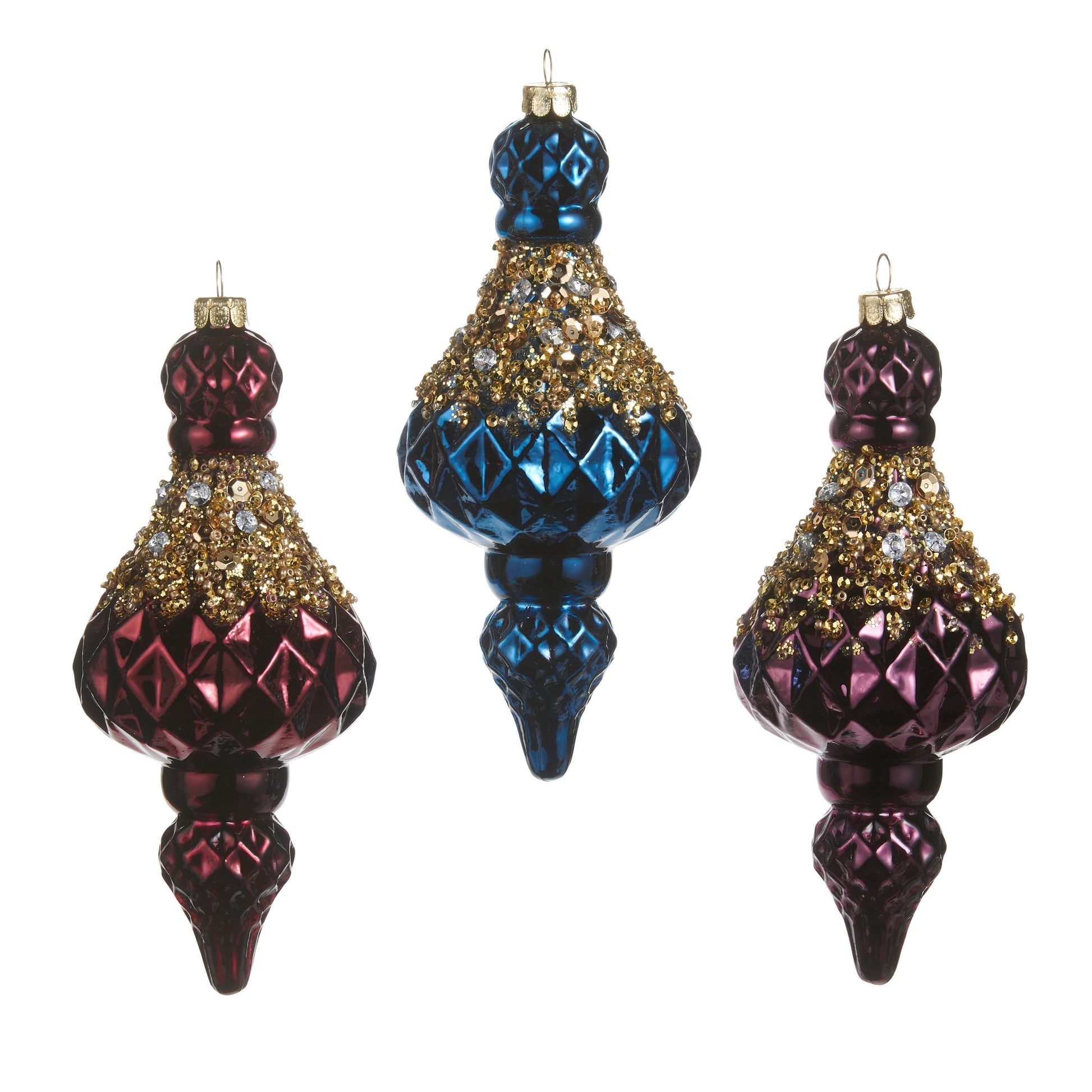 RAZ Imports 6.5" Jewel Tone Crusted Glass Finial Christmas Ornaments - Set of 3