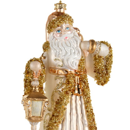 RAZ Imports 8" Ivory and Gold Santa with Lantern Glass Christmas Ornament